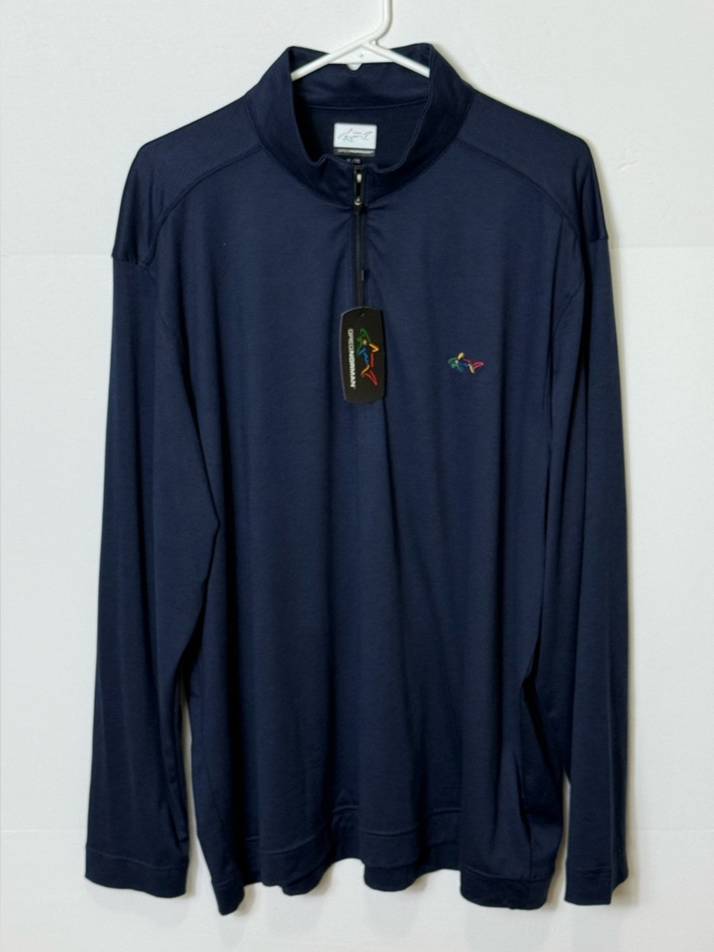 Greg Norman Navy Zip Pullover with Multicolor Shark Logo